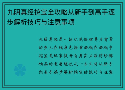 九阴真经挖宝全攻略从新手到高手逐步解析技巧与注意事项